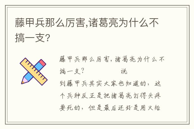 藤甲兵那么厲害,諸葛亮為什么不搞一支?
