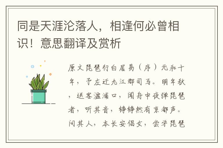 同是天涯淪落人，相逢何必曾相識！意思翻譯及賞析