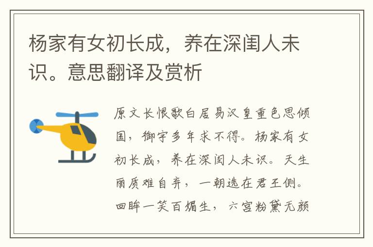 楊家有女初長成，養在深閨人未識。意思翻譯及賞析