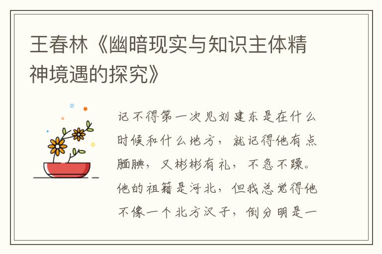 王春林《幽暗現實與知識主體精神境遇的探究》